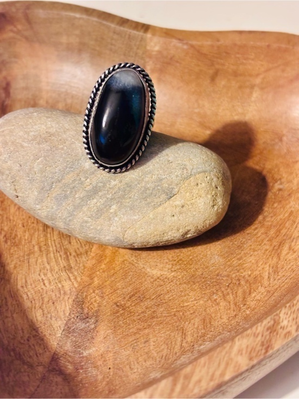 Boho Silver Plated Black Onyx Statement Ring Oval Artisan Style Size 6